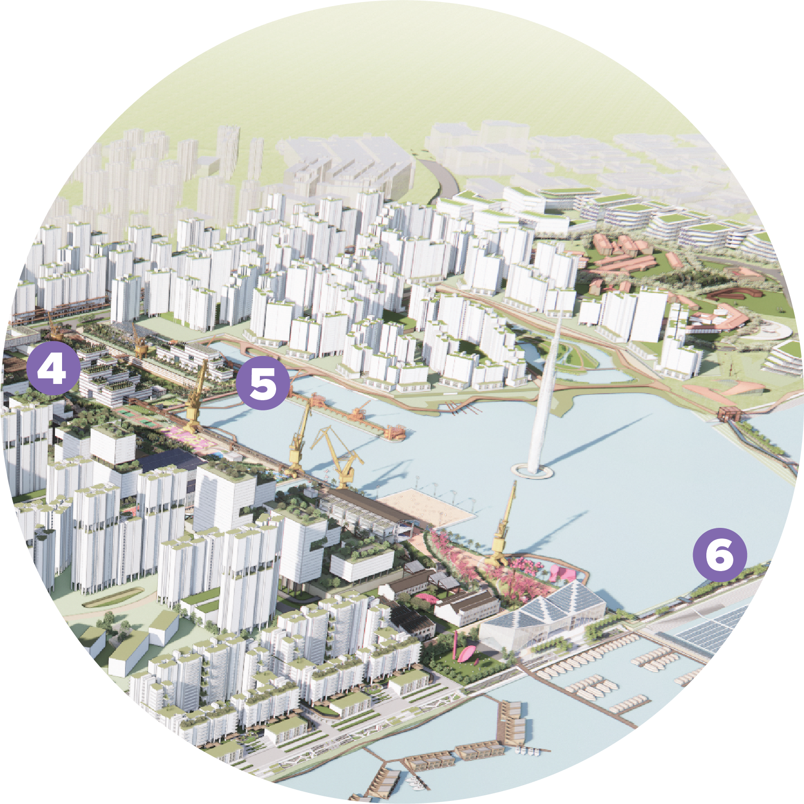 Architectural rendering of a city waterfront, numbered 4-6 with cranes.